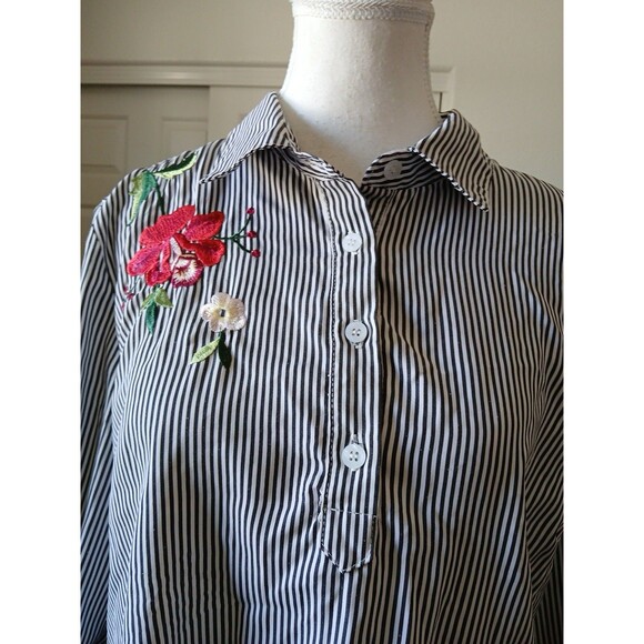KontroL Contemporary Women’s Striped Flower Embroidered Shirt Blouse Size Large - Picture 6 of 16